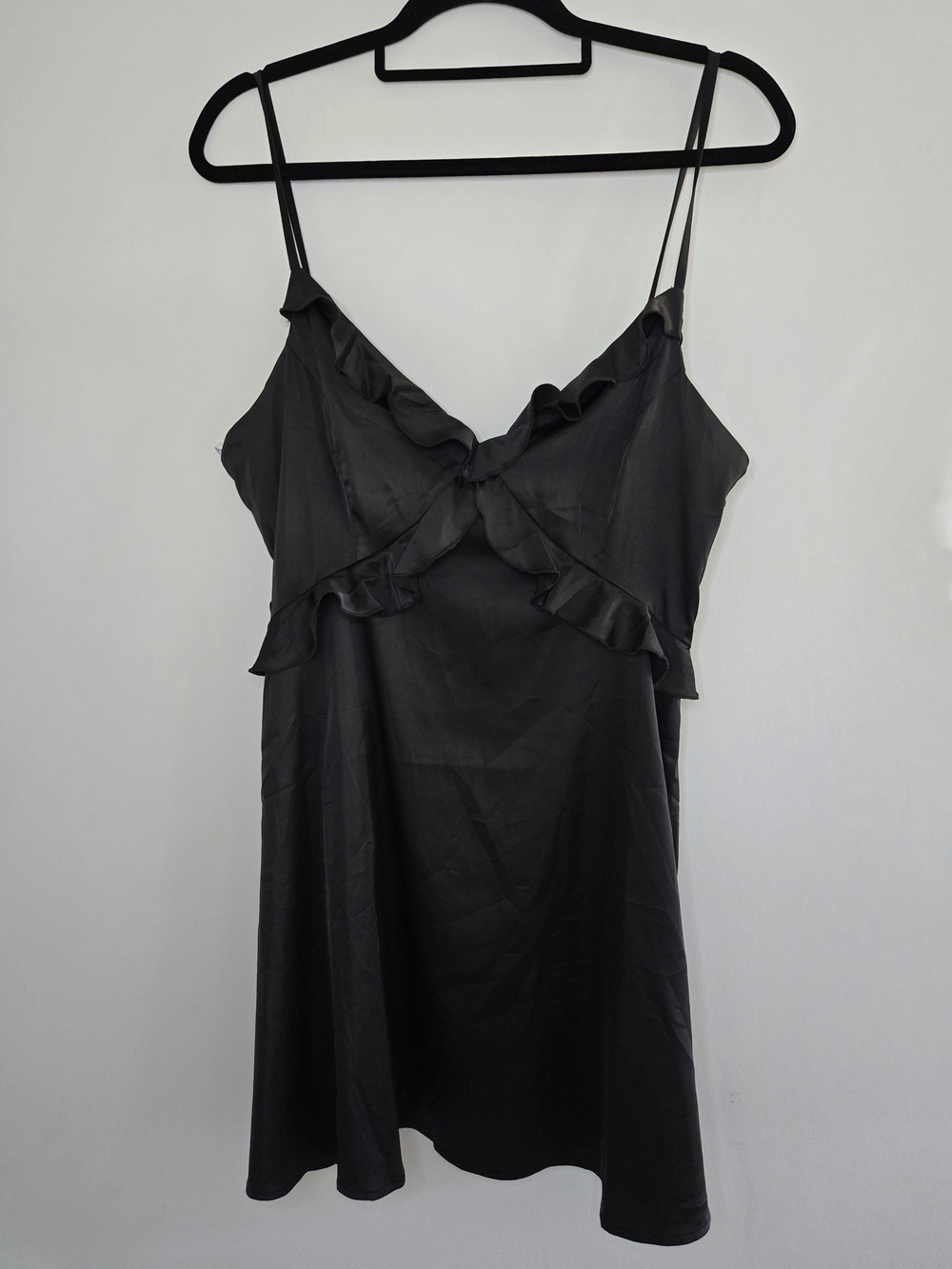 Lulu's black ruffle-trim chemise slip mini dress, adjustable straps, large, new